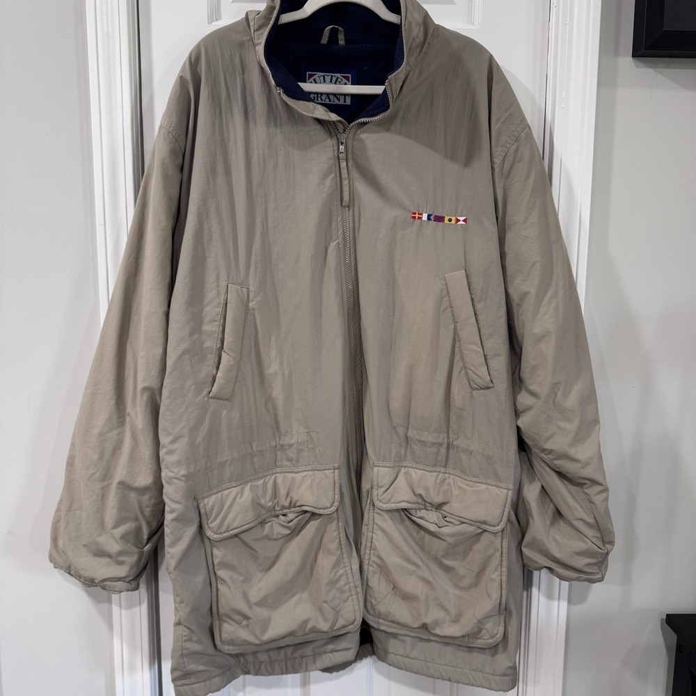 Vintage Sutter & Grant Mens XLT Tan Fleece Lined Parka Coat Nautical Flags